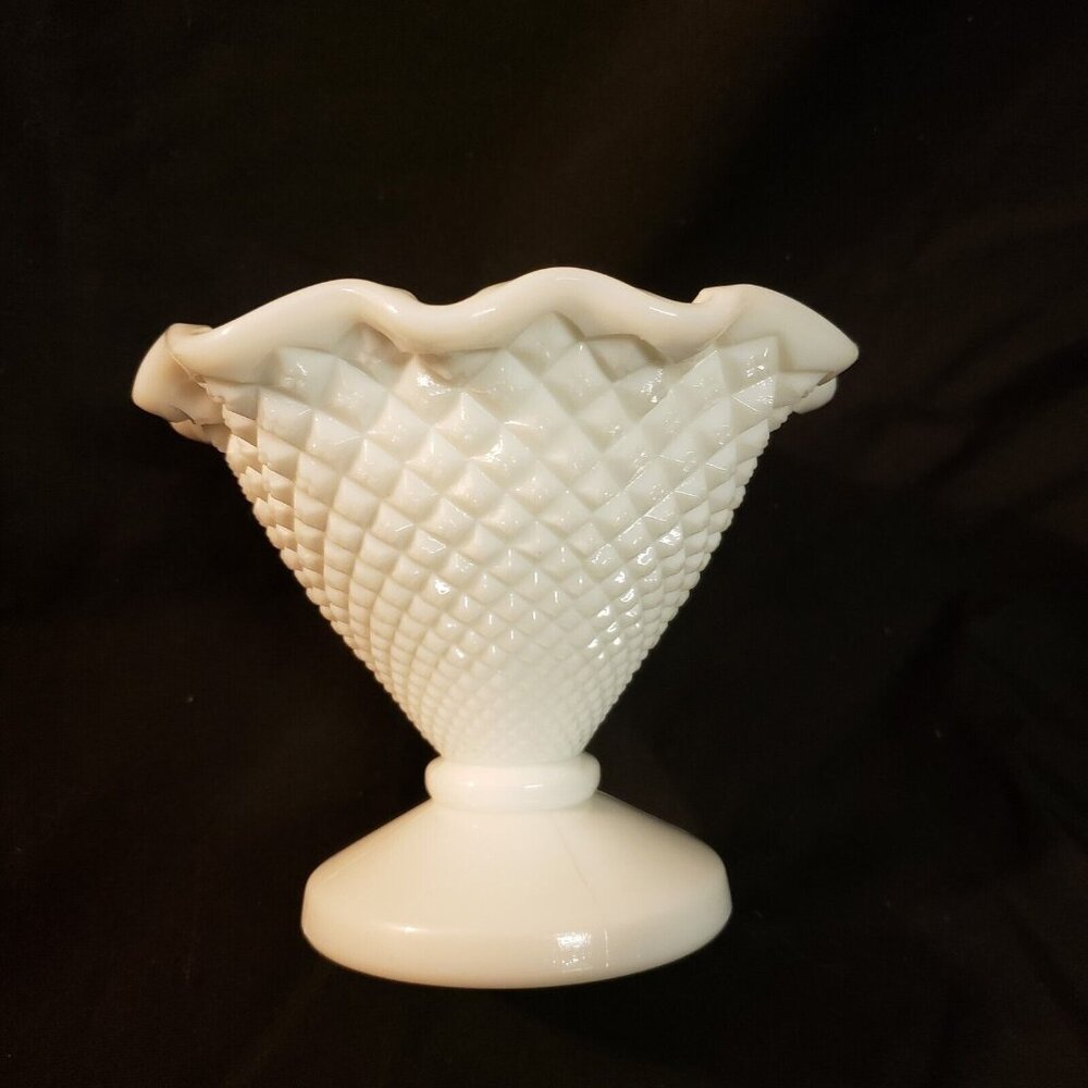 Vintage Milk Glass Diamond‎ Point Hobnail Vase Bowl Candy Dish Mid Century 4.5"